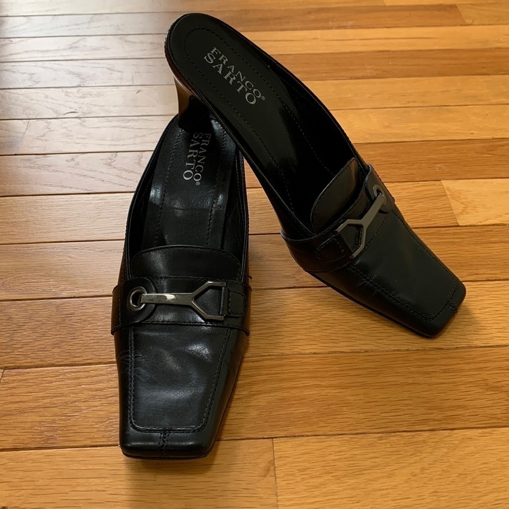 Franco Sarto Black Leather Square-Toed Mules
